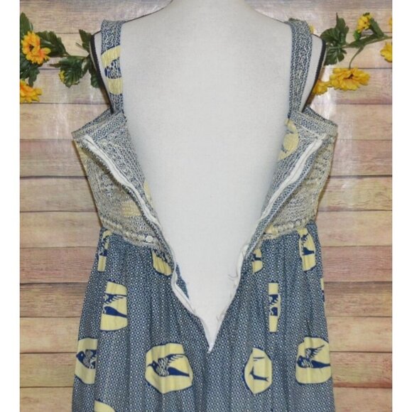 Hand Made Blue & Beige Nautical Coastal Sundress Size L Embroidered Bird Pattern - Picture 11 of 14